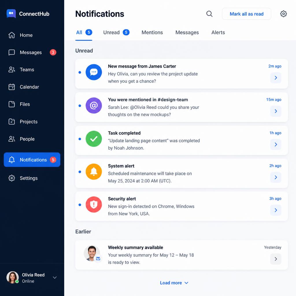 Digital notification interface showing alerts and messages on a modern communication platform